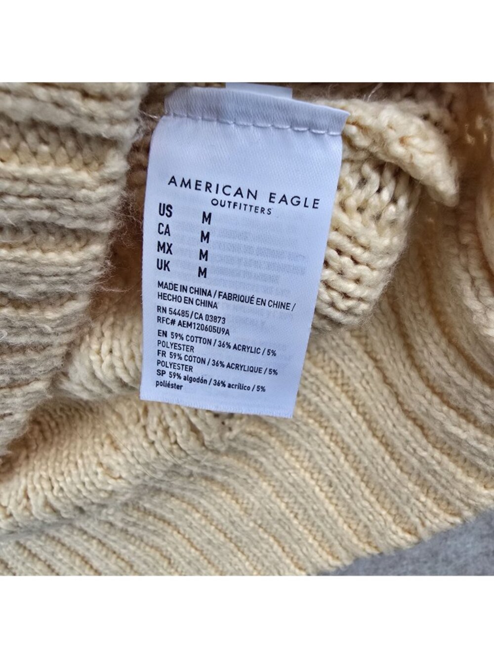American Eagle Womens Cable Knit Cream Sweater M Cotton Blend Diamond Pattern - Picture 4 of 6